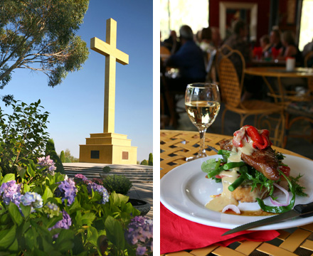 Image: Left: the Mount Macedon Memorial Cross

Right: The Cafe at Hanging Rock